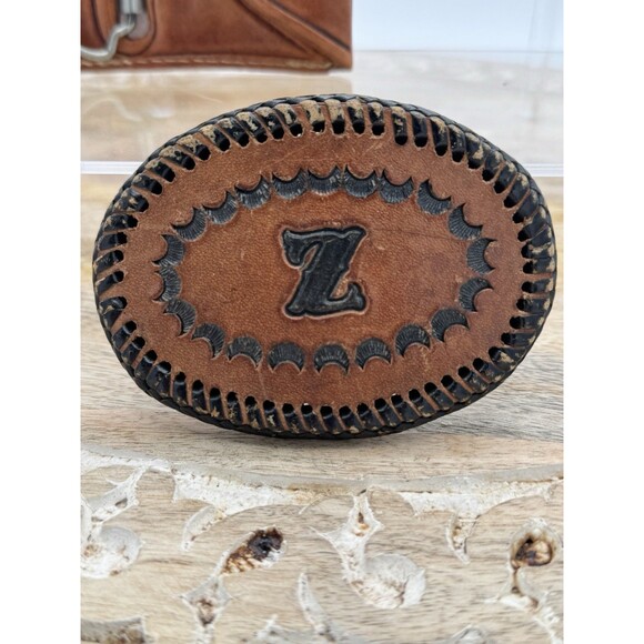 2 Vintage Tooled Leather Belt Buckles With The Initial “Z” Oval Square Black - Picture 4 of 8